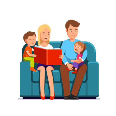 Mother and father with two kids family sitting on a couch together. Parent reading kids book aloud to a child. Flat style character isolated vector illustration on white background.